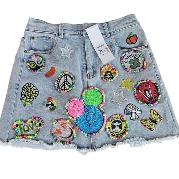 Vibrant Embellished Denim Skirt - Picture 1 of 12